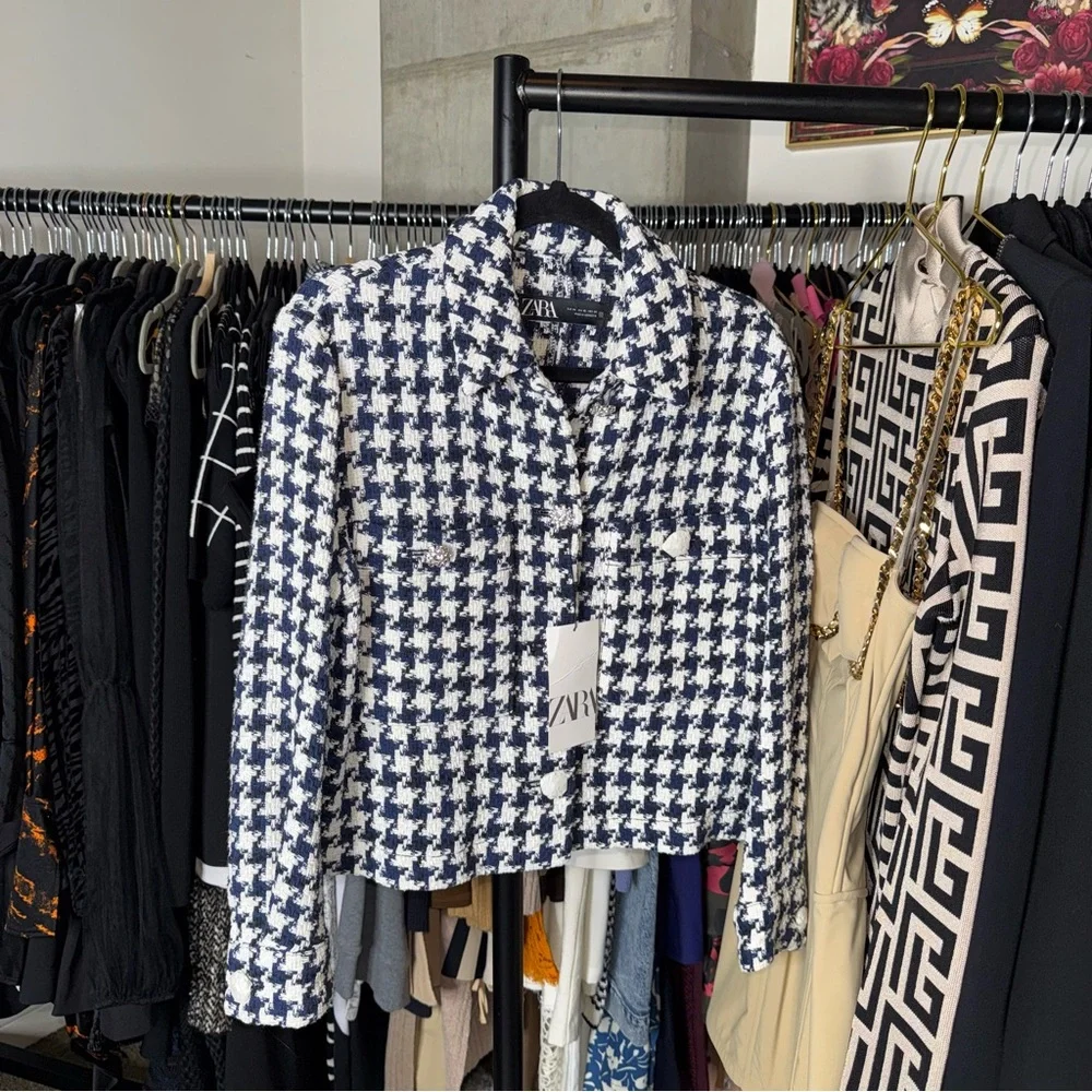 Zara Navy And White Houndstooth Tweed Cropped Jacket Jewel Buttons Womens XS NWT - Picture 1 of 8